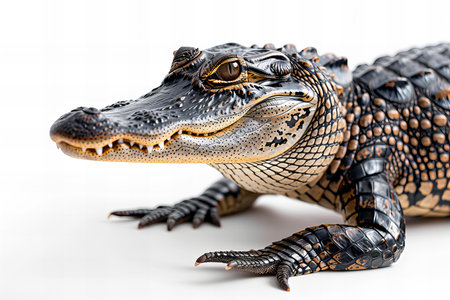 Close up of alligator isolated on white background. Studio shot.の写真素材