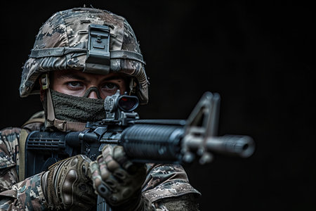 Portrait of a special forces soldier with assault rifle on the dark background