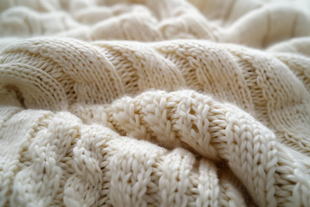 White knitted fabric as a background. Close-up. Selective focus.