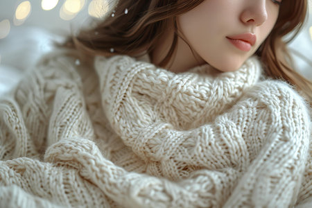 Beautiful young woman in warm knitted sweater at home, closeupの写真素材