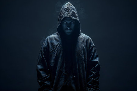 Man in a dark hooded cloak. Studio shot on dark background.の写真素材
