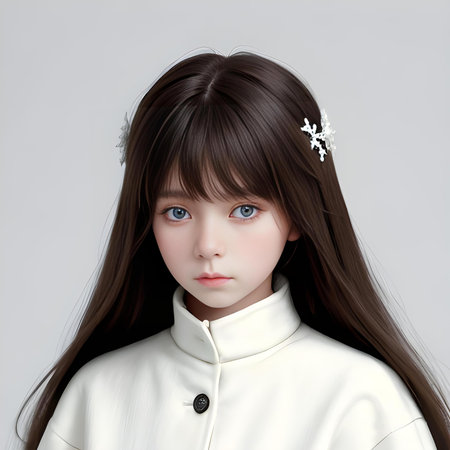 A portrait of a beautiful young girl with long brown hair in a white coat.の写真素材