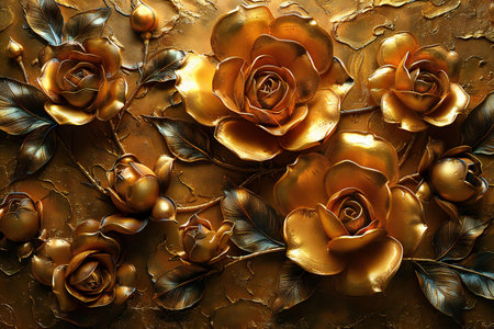 Golden rose flowers on golden background. Flat lay, top view.の写真素材
