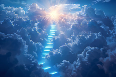 Stairway with blue sky and sun. 3d renderingの写真素材