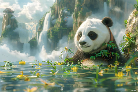 Panda bear is swimming in the water with flowers and waterfall backgroundの写真素材