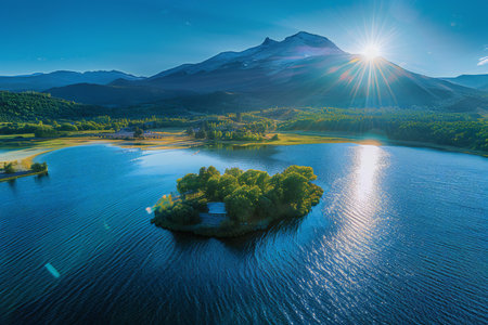 Aerial view of beautiful mountain lake at sunset. Nature composition.の写真素材