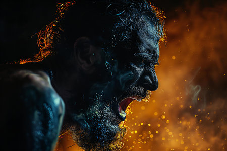 Close-up portrait of a scary zombie man screaming in the dark. Halloween.の写真素材