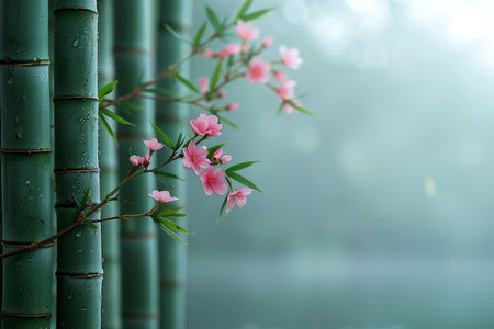 Bamboo forest with pink flowers and green bokeh background.の写真素材