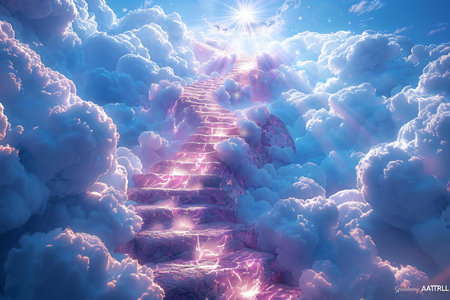 Staircase leading to heaven. Conceptual image. 3D renderingの写真素材