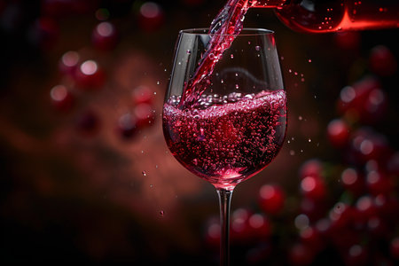 Red wine pouring into a glass on a dark background with red berriesの写真素材