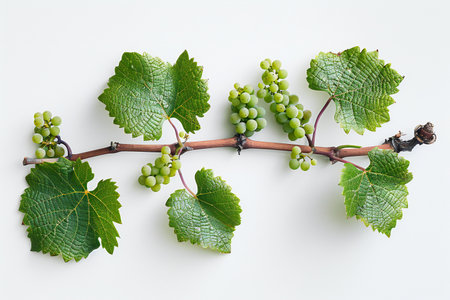 Bunch of green grapes with leaves on white background, top viewの写真素材