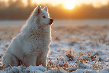 Beautiful Samoyed dog sitting on a snowy meadow at sunsetの写真素材