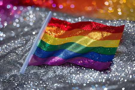 Rainbow flag on a shiny background with bokeh effect.の写真素材