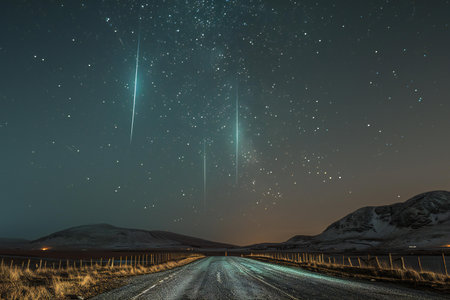 Milky Way over the road at night with stars in the skyの写真素材
