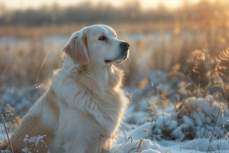 Golden retriever sitting in the winter field at sunset. Golden retriever.の写真素材