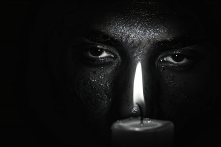 Close-up of a woman's face with black paint and a candleの写真素材