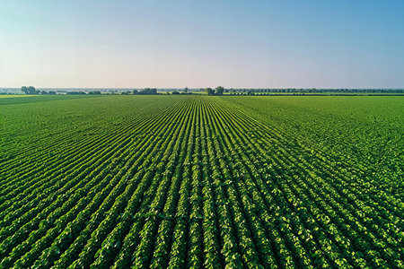 Aerial view of soybean field in springtime. Agricultural landscape.の写真素材