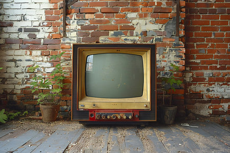 Vintage TV on the wooden floor with brick wall in the backgroundの写真素材