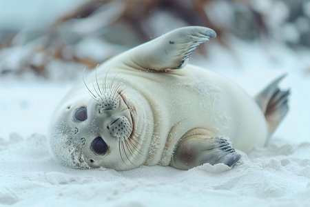 seal on the beach in the snow, antarctic animalの写真素材