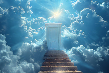 Door to heaven with clouds and rays of light coming out of itの写真素材