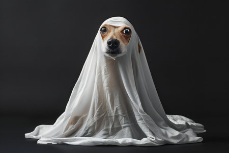 Jack russell terrier in a white veil on a black backgroundの写真素材