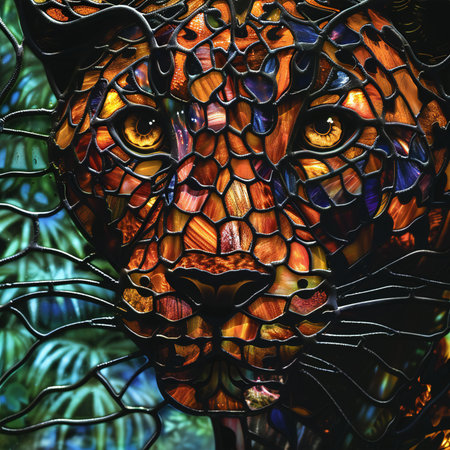 Colorful stained glass window of a lion's head. Abstract background.の写真素材