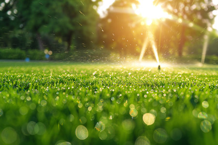 Lawn sprinkler spraying water on fresh green grass with bokeh light backgroundの写真素材