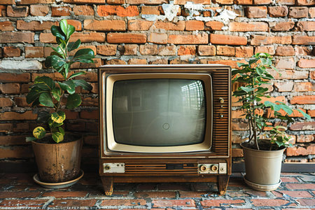 Vintage TV and plant on brick wall background - Vintage filter effectの写真素材