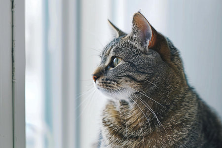 Domestic cat looking out the window. Selective focus. Shallow depth of field.の写真素材