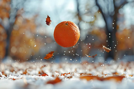 Orange falling in the snow in the autumn park. Shallow depth of fieldの写真素材