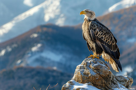 White-tailed eagle (Haliaeetus albicilla) sitting on a rock in the mountains.の写真素材