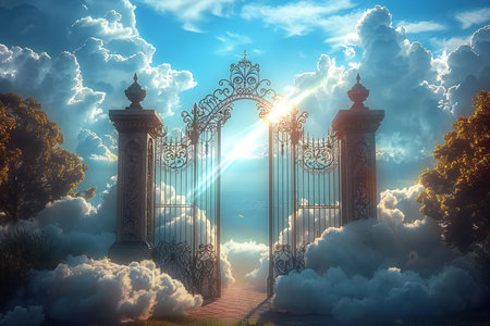 Beautiful gate in the sky with clouds. 3D rendering.の写真素材