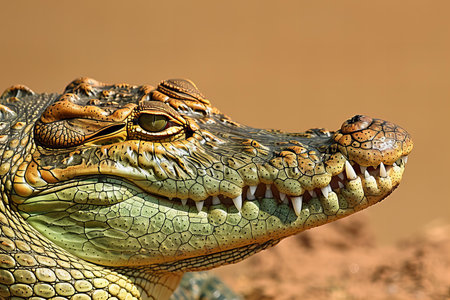 Close up of a crocodile with open mouth and large teeth.の写真素材
