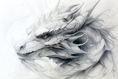dragon head in black and white, close-up, pencil drawingの写真素材