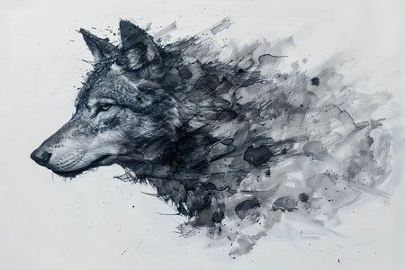 Wolf head with splashes of ink on a white background. Drawing
