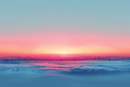 Beautiful landscape with sunrise over the foggy city in the morningの写真素材
