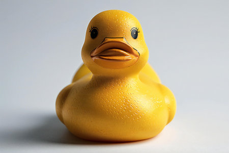 Yellow rubber duck on a white background. Close-up, selective focus.