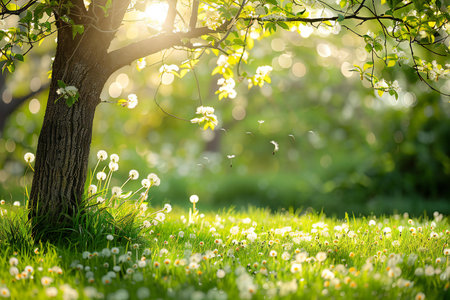 Dandelions on green grass in the rays of the sun.