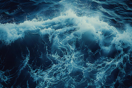 Blue sea water with waves and foam as background. Toned.