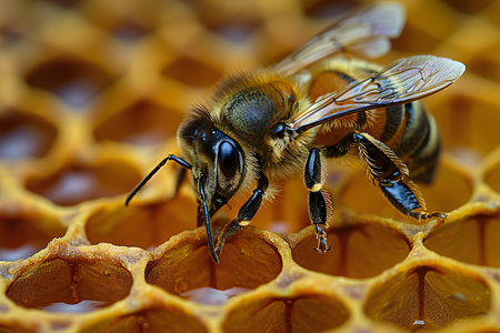 Close up view of the working bee on honeycells. Macro photography of a bee.