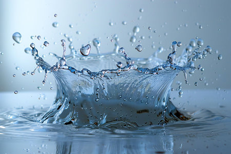 Water splash with ripples and drops on a blue background, macro
