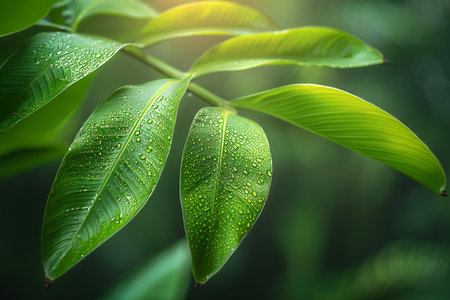 Green leaf with water drops in the morning light. Natural background.