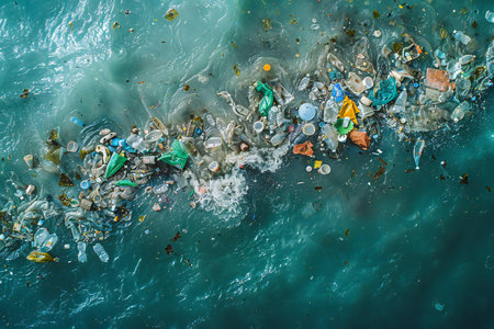 Aerial view of plastic trash in the sea. Environment pollution concept