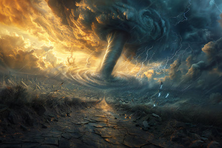 Fantasy landscape with a lightning bolt breaking through the ground.