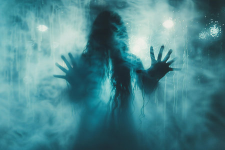 Halloween horror concept. Scary ghost woman in dark fog.