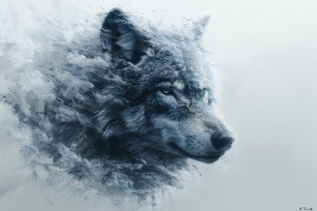 Wolf portrait in water, digital painting of a wolf, digital painting
