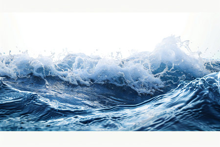 Blue sea wave splashing on white background with copy space for text