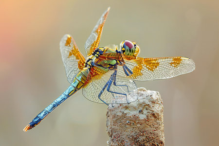 Beautiful dragonfly on a branch in the garden. Macro photo