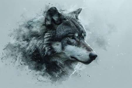 Digital painting of a wolf head in a cloud of smoke on a gray background