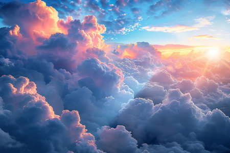 Beautiful aerial view above clouds at sunset. 3d illustration.